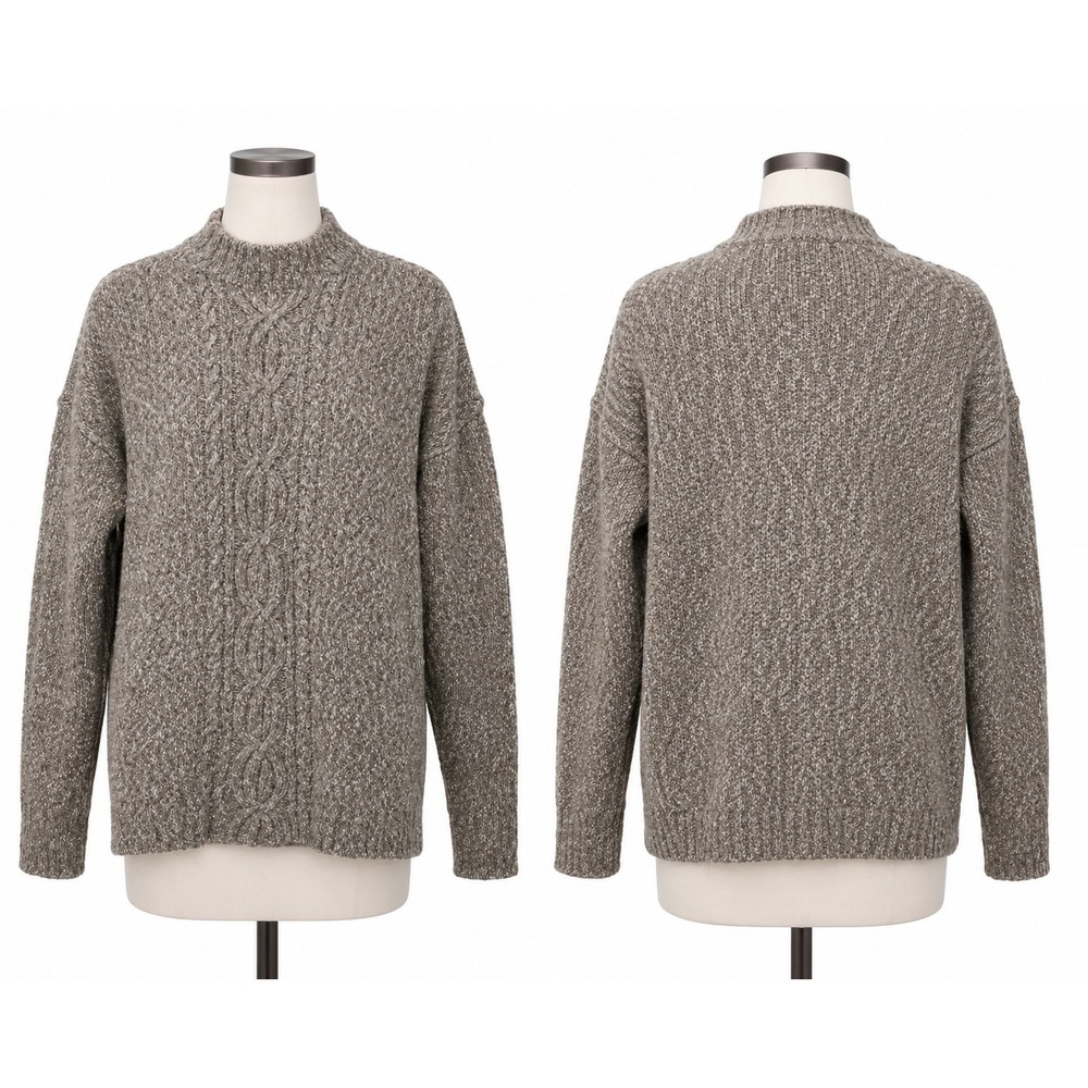 J Jill Womens‎ L Gray Tan Marled Cable Knit Mock Neck Pullover Sweater Cotton